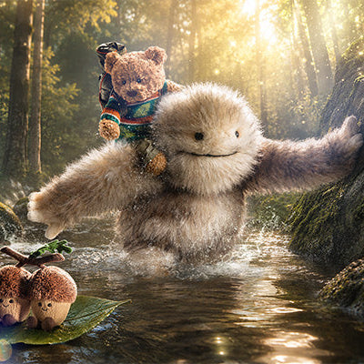 Jellycat Bretti Yeti with Amuseables Acorns and Bartholomew Bear Hiking Outfit