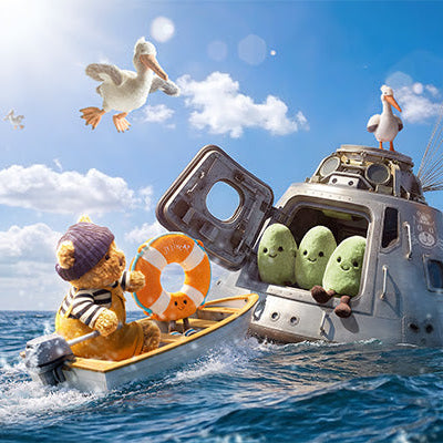 Jellycat Amuseables Soyella Edamame Bean with Keri Pelican and Bartholomew Bear Sailor Outfit Seafarer
