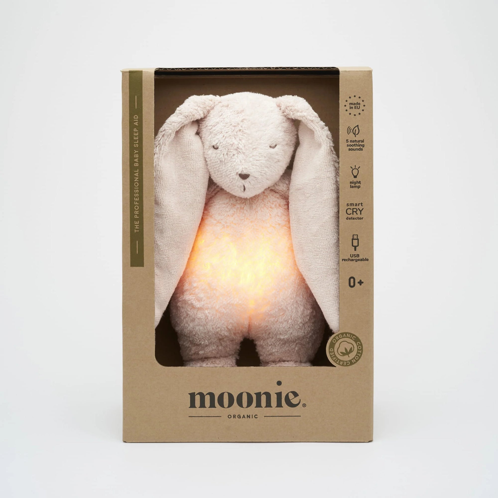 MOONIE Organic Humming Bunny with Lamp - Rose Packaging