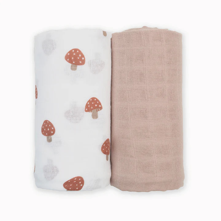 Lulujo Cotton Muslin Swaddle Blanket 2 PK - Mushroom & Sand
