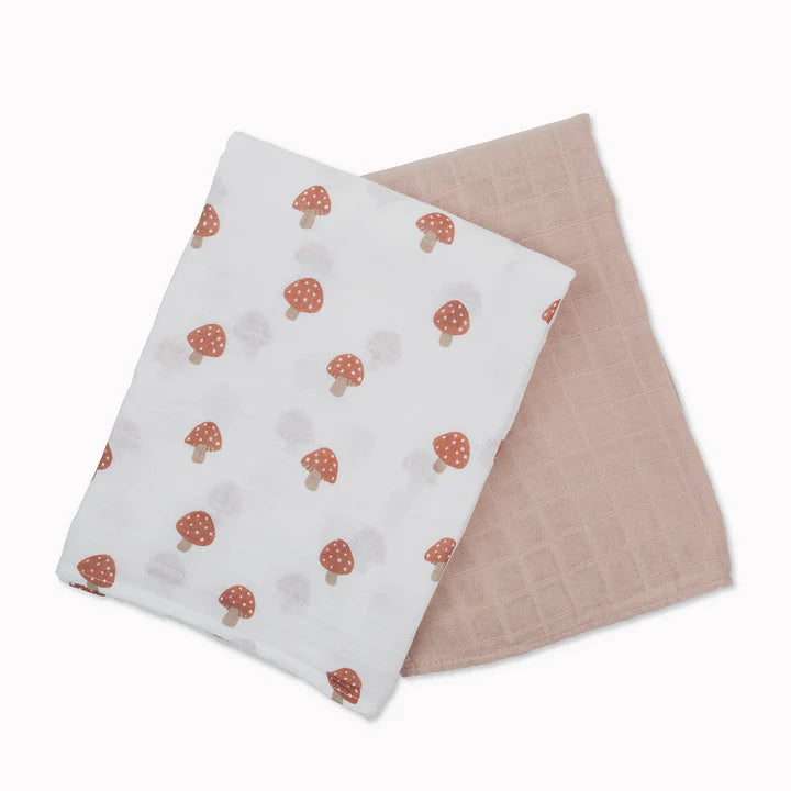 Lulujo Cotton Muslin Swaddle Blanket 2 PK - Mushroom & Sand 2