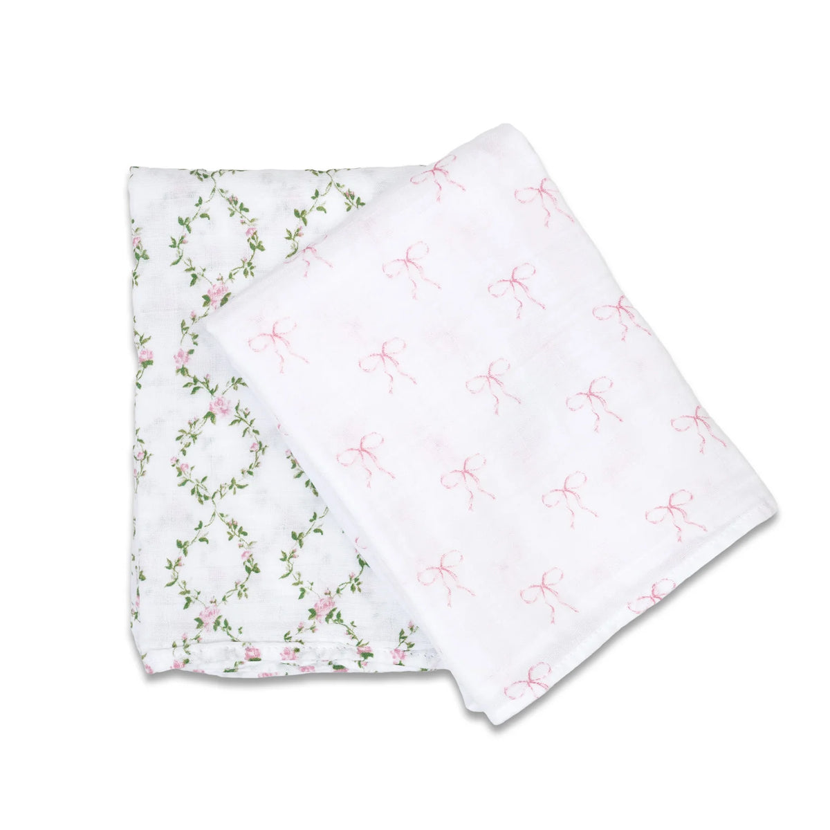 Lulujo Cotton Muslin Swaddle Blanket 2 PK - Bows & Rose Trellis 2 Laying