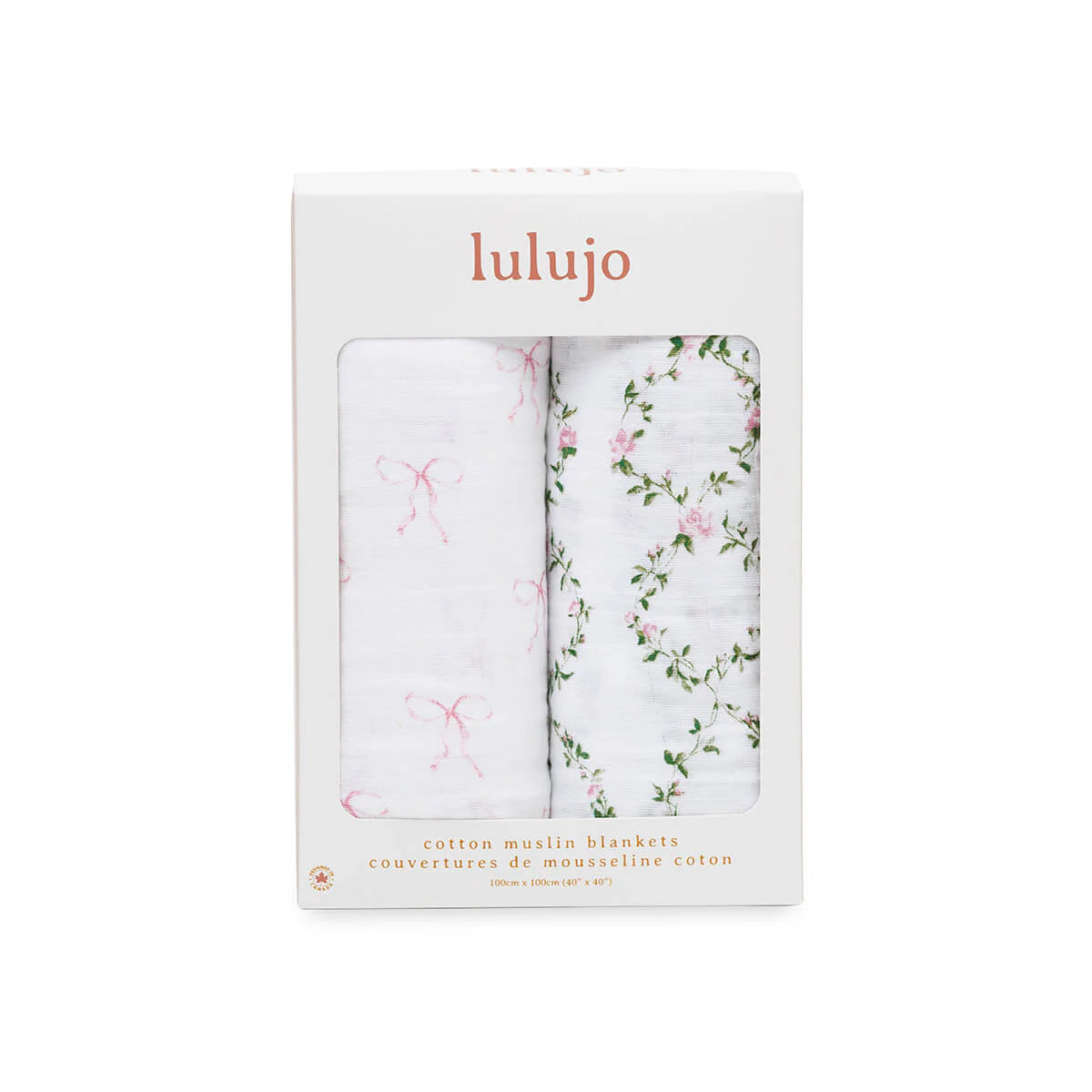 Lulujo Cotton Muslin Swaddle Blanket 2 PK - Bows & Rose Trellis Packaged