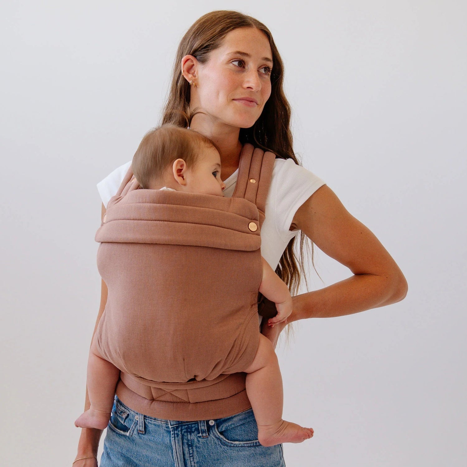 Mabē Monarch Carrier - Mocha Lifestyle 1 Baby Front Facing In Carry Mode