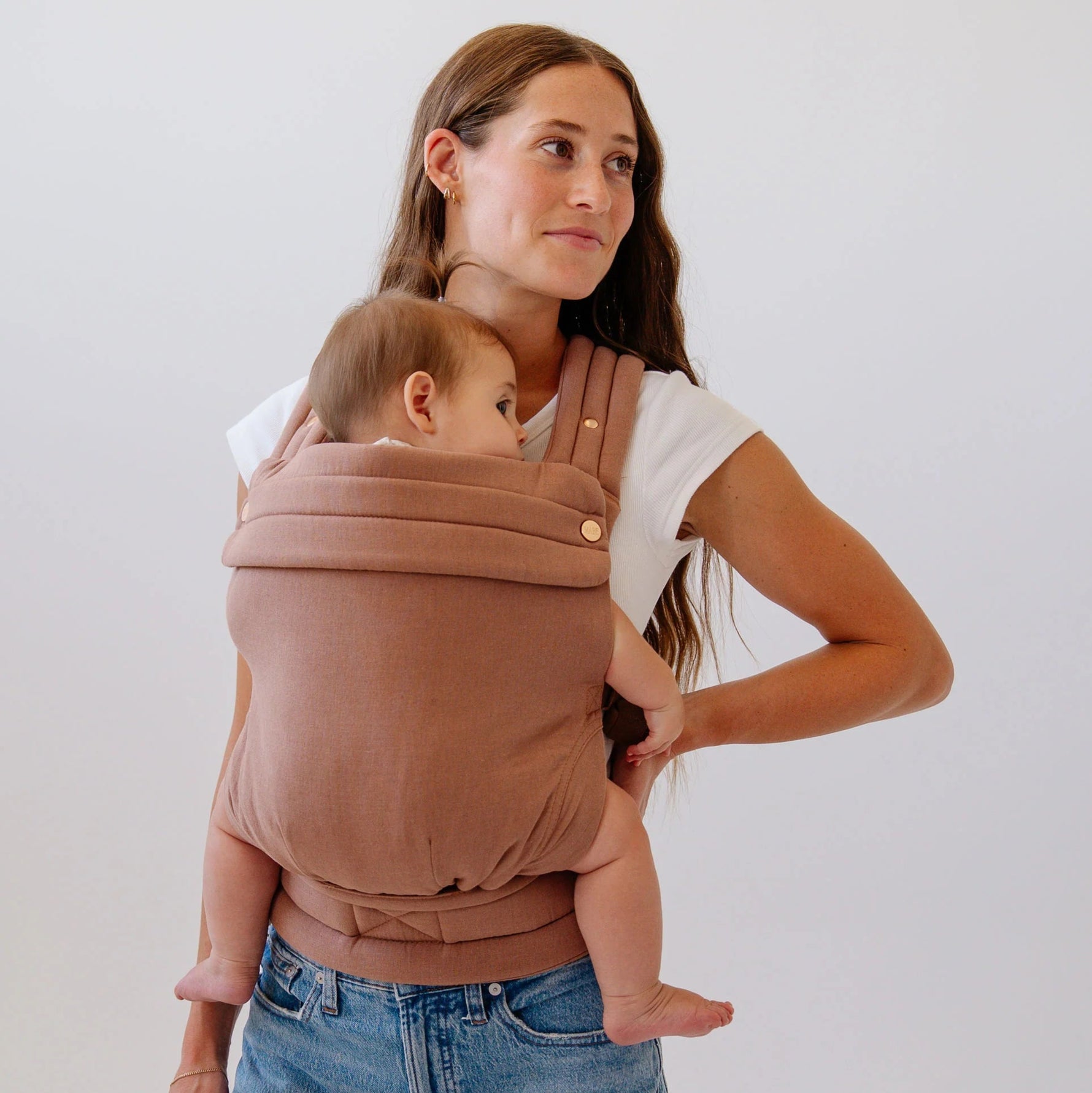 Mabē Monarch Carrier - Mocha Lifestyle 1 Baby Front Facing In Carry Mode