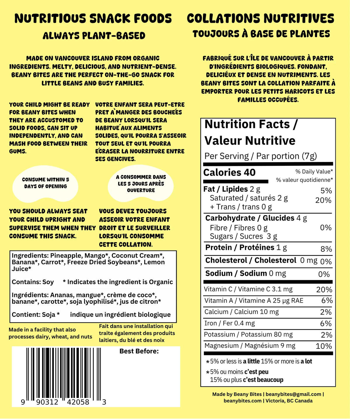 Beany Bites Smoothie Melts - Tropical Back of Packaging with Ingredients