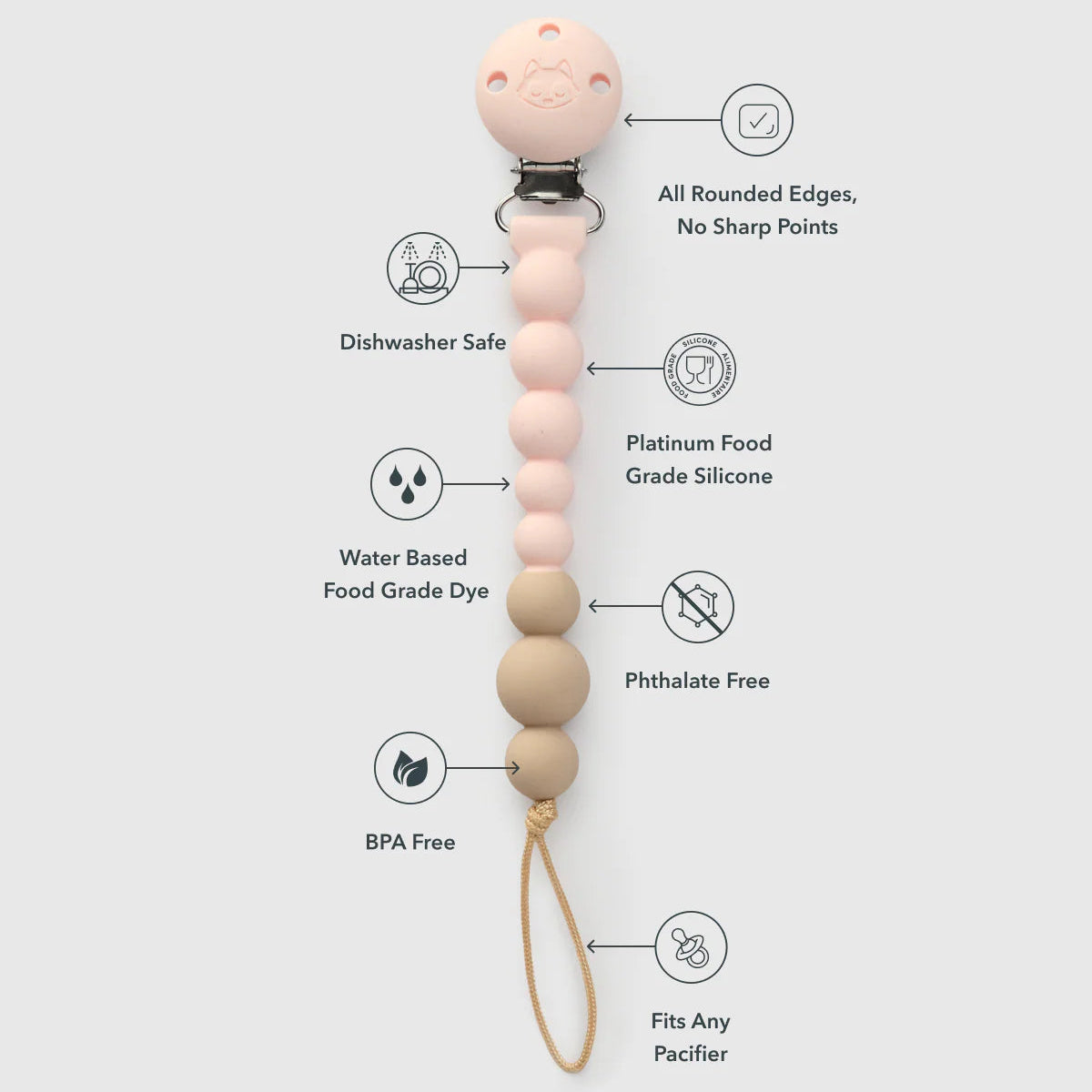 Loulou Lollipop OneC Pacifier Clip Pink Quartz - Features