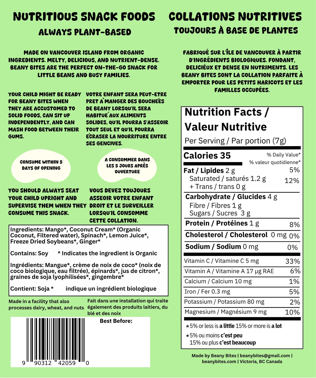 Beany Bites Smoothie Melts - Mighty Green Back of Packaging with Ingredients