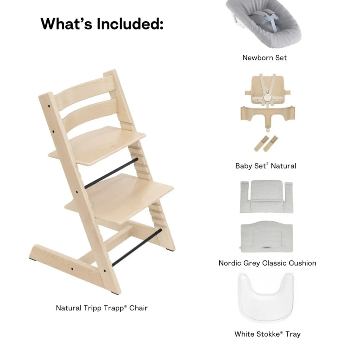 What's Included - Natural / Nordic Grey Cushion - Stokke Tripp Trapp® High Chair² Complete + Newborn Set Bundle