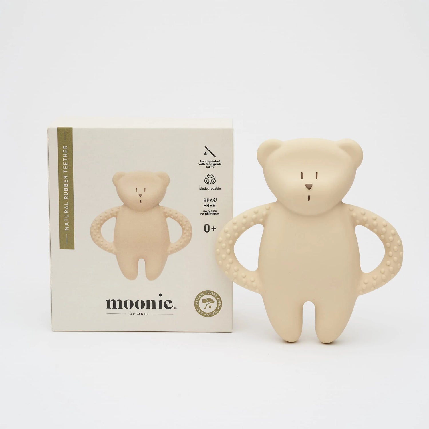 MOONIE Bear Natural Rubber Teether - Sand with packaging