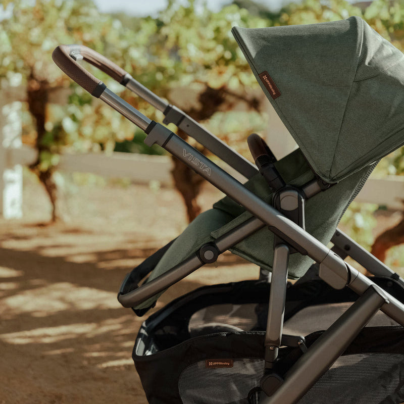 UPPAbaby Vista V3 Stroller - Evelyn (Meadow Green/Graphite Frame/Chestnut Leather) - Lifestyle 1