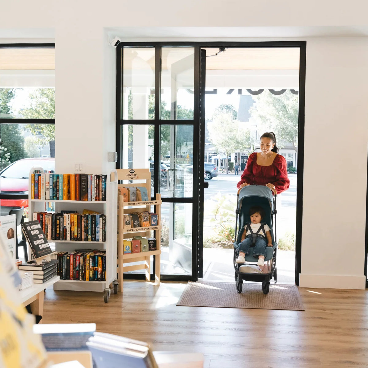 UPPAbaby Minu V3 Stroller - Evelyn (Meadow Green | Carbon Frame | Chestnut Leather) - Lifestyle 2