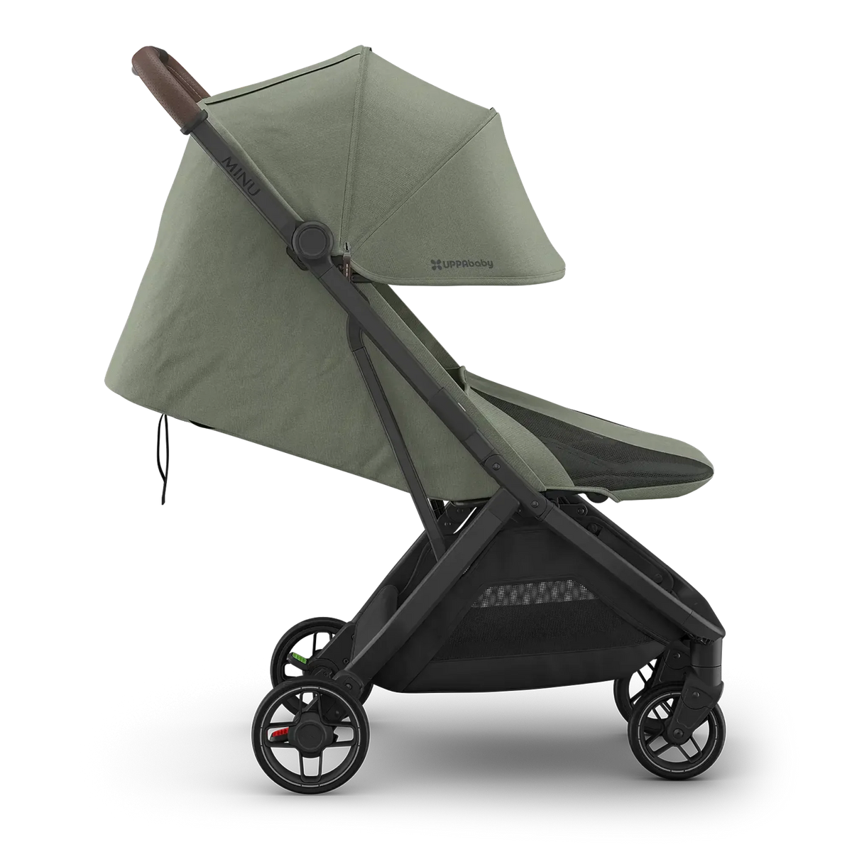 UPPAbaby Minu V3 Stroller - Evelyn (Meadow Green | Carbon Frame | Chestnut Leather) - Side View Reclined & Infant Ready
