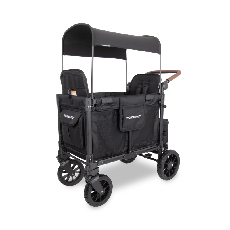 WonderFold W2 Luxe PRO Double Stroller Wagon - Jet Black Angle View with Canopy
