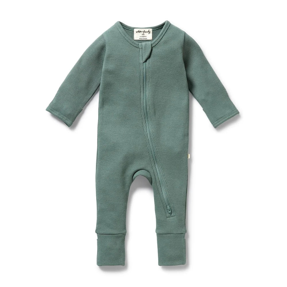 Wilson + Frenchy Organic Waffle Zipsuit with Feet - Pine Green