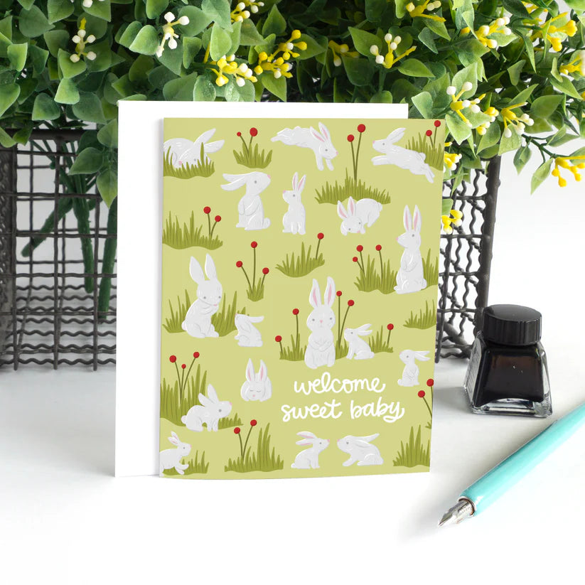 Pedaller Designs Greeting Card - Welcome Sweet Baby Bunny Rabbit Lifestyle 1