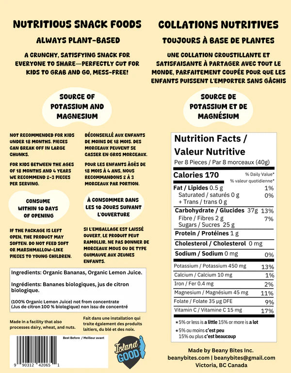 Beany Bites Lemon Banana Grippers Ingredients and Back of Bag