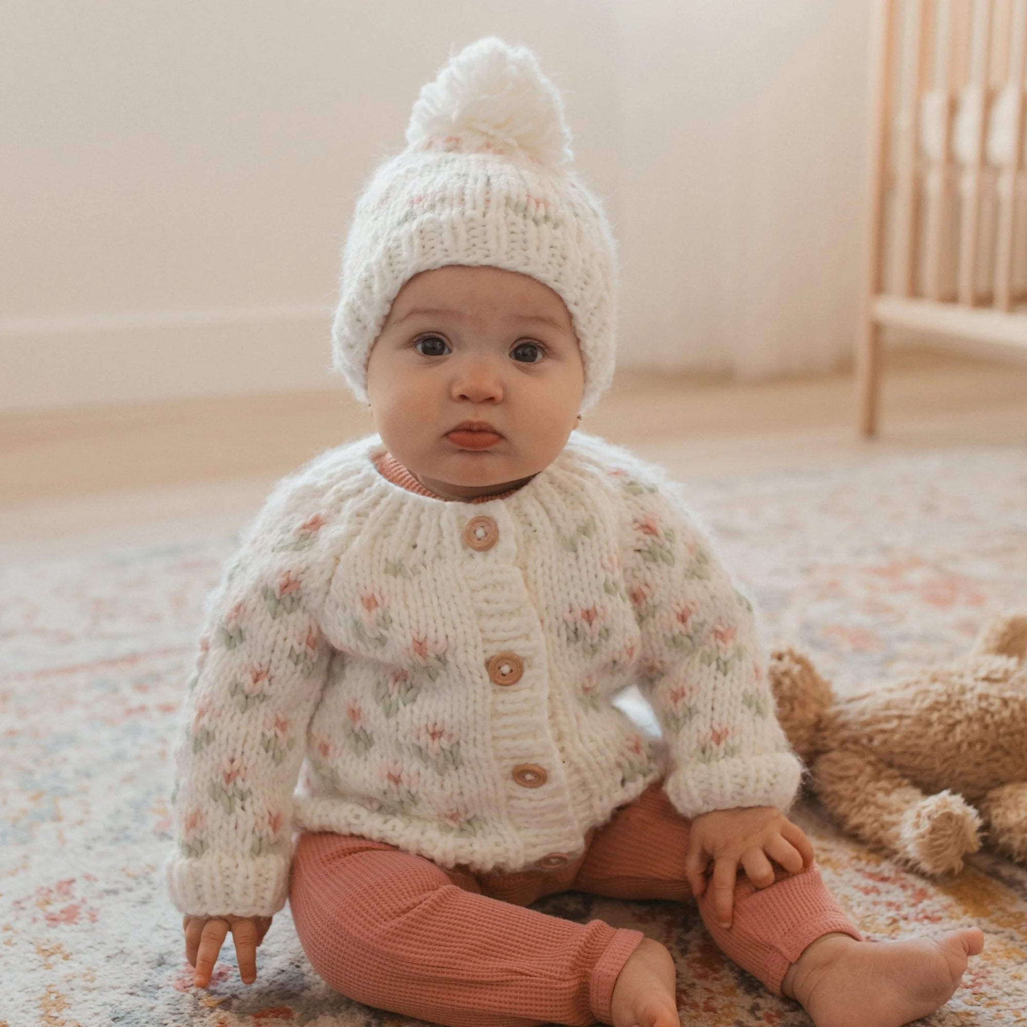 Huggalugs Bitty Blooms Beanie Hat - Blush & White - Lifestyle 2