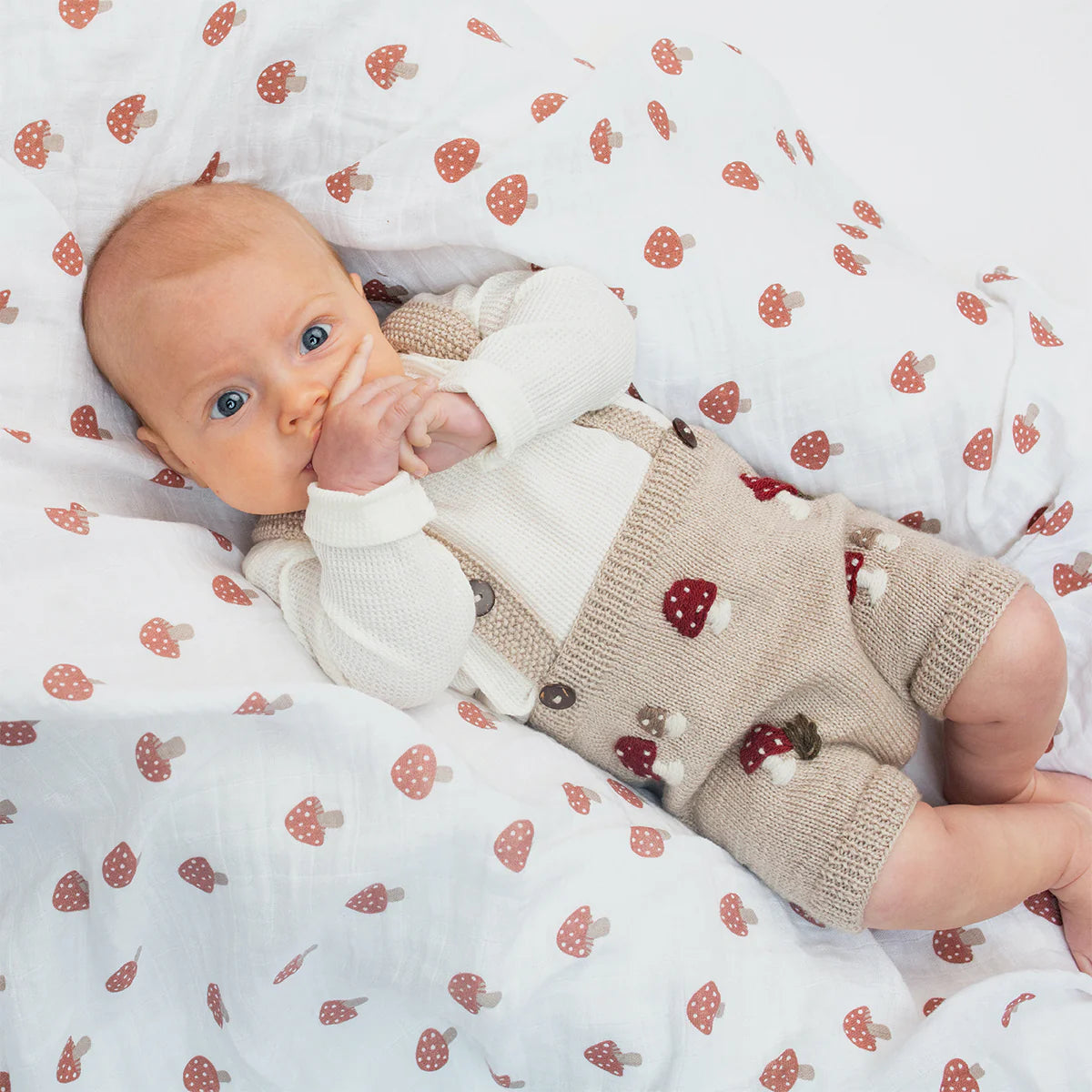 Lulujo Cotton Muslin Swaddle Blanket 2 PK - Mushroom & Sand Lifestyle 3