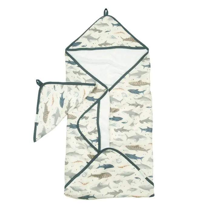 Loulou Lollipop Hooded Towel and Washcloth Set - Sharks