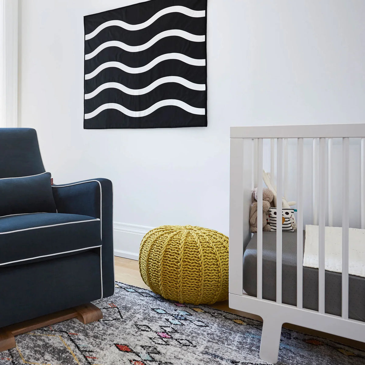 Oeuf Sparrow Crib - White Lifestyle 6 with Monte Design Glider