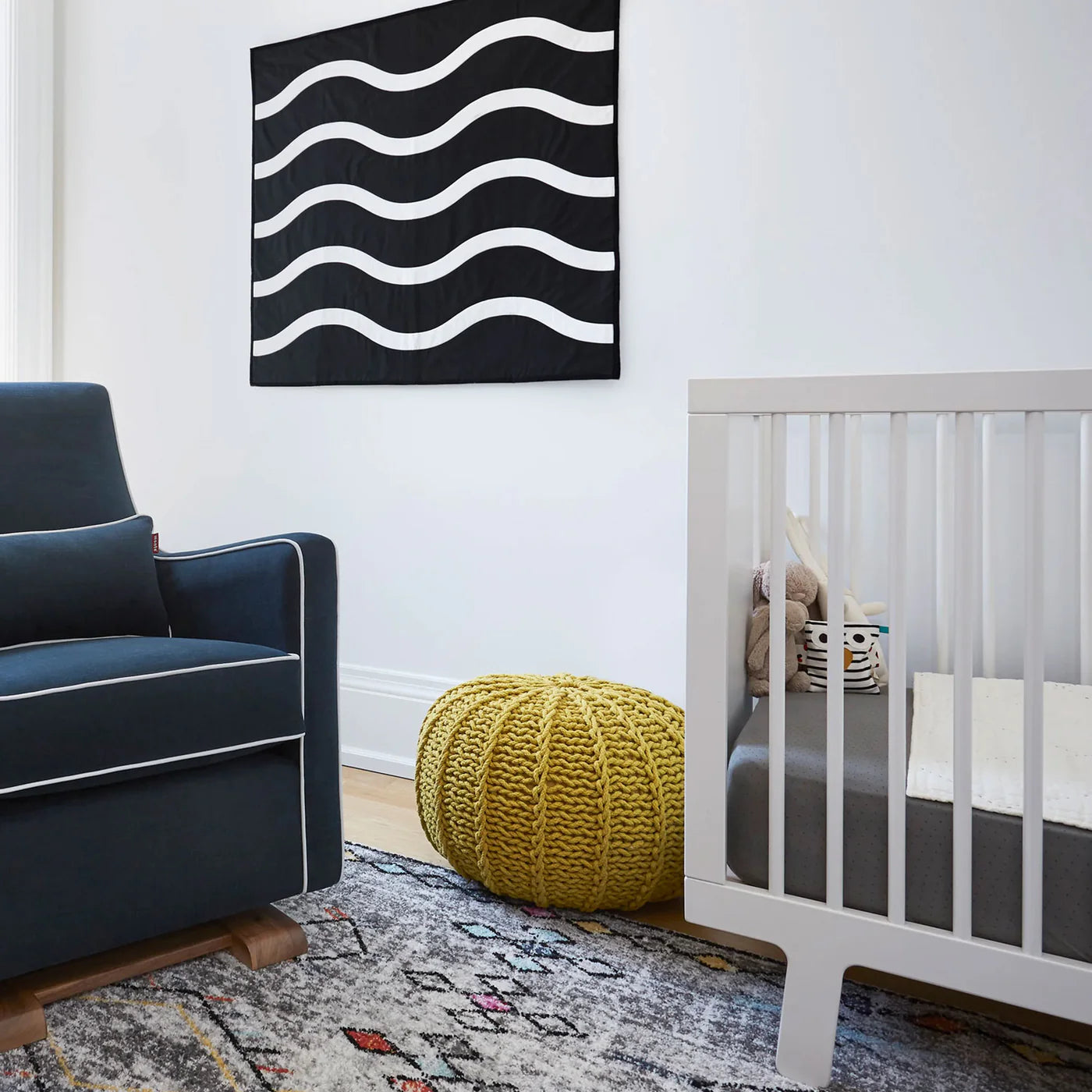Oeuf Sparrow Crib - White Lifestyle 6 with Monte Design Glider