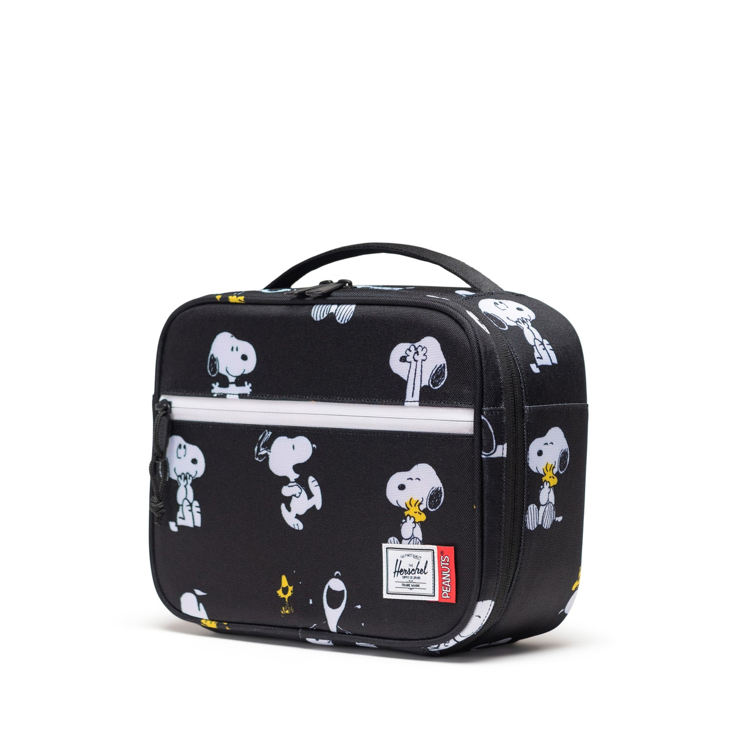 Herschel Pop Quiz Peanuts® Collection Lunch Box - Snoopy & Woodstock Black Side Angle View