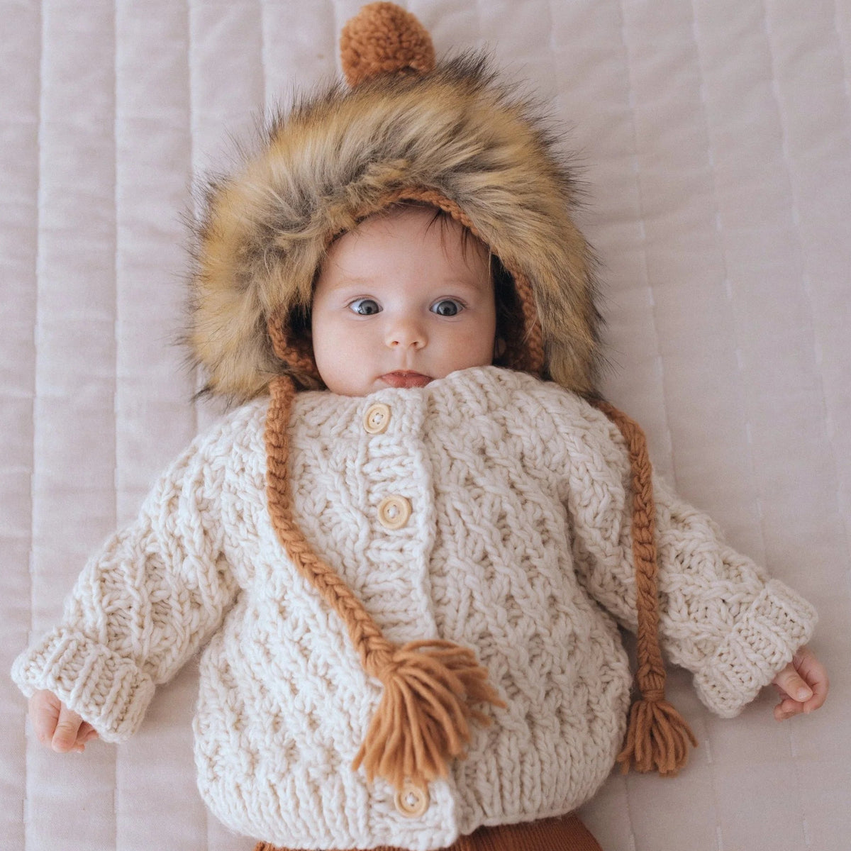 Huggalugs Waffle Knit Cardigan Sweater - Natural Lifestyle 1