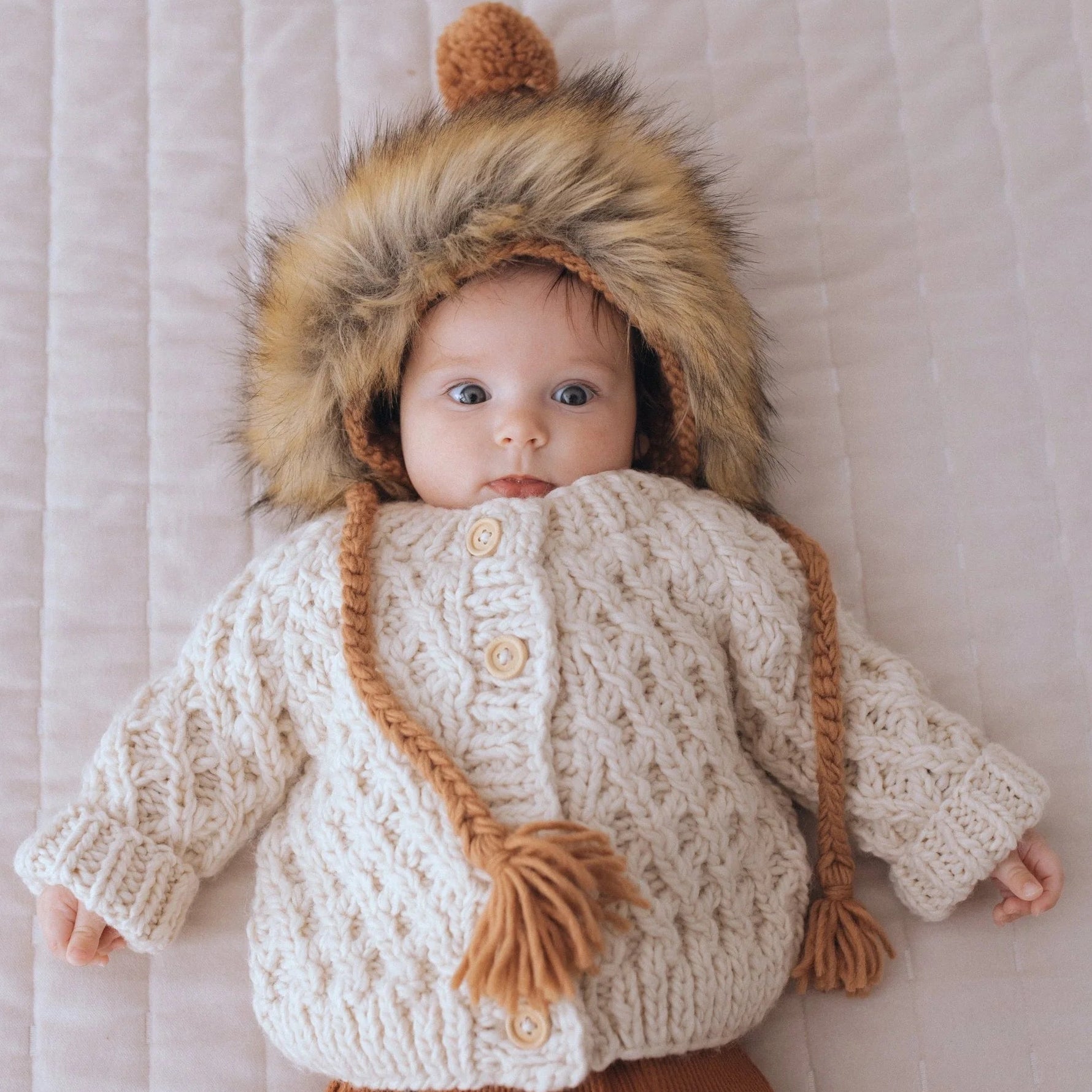 Huggalugs Waffle Knit Cardigan Sweater - Natural Lifestyle 1
