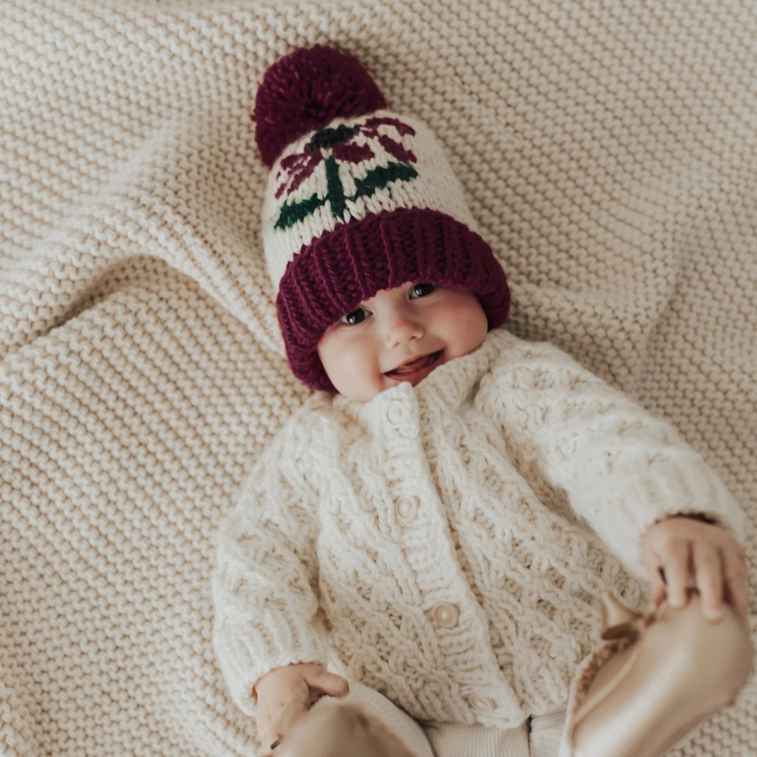 Huggalugs Waffle Knit Cardigan Sweater - Natural Lifestyle 3